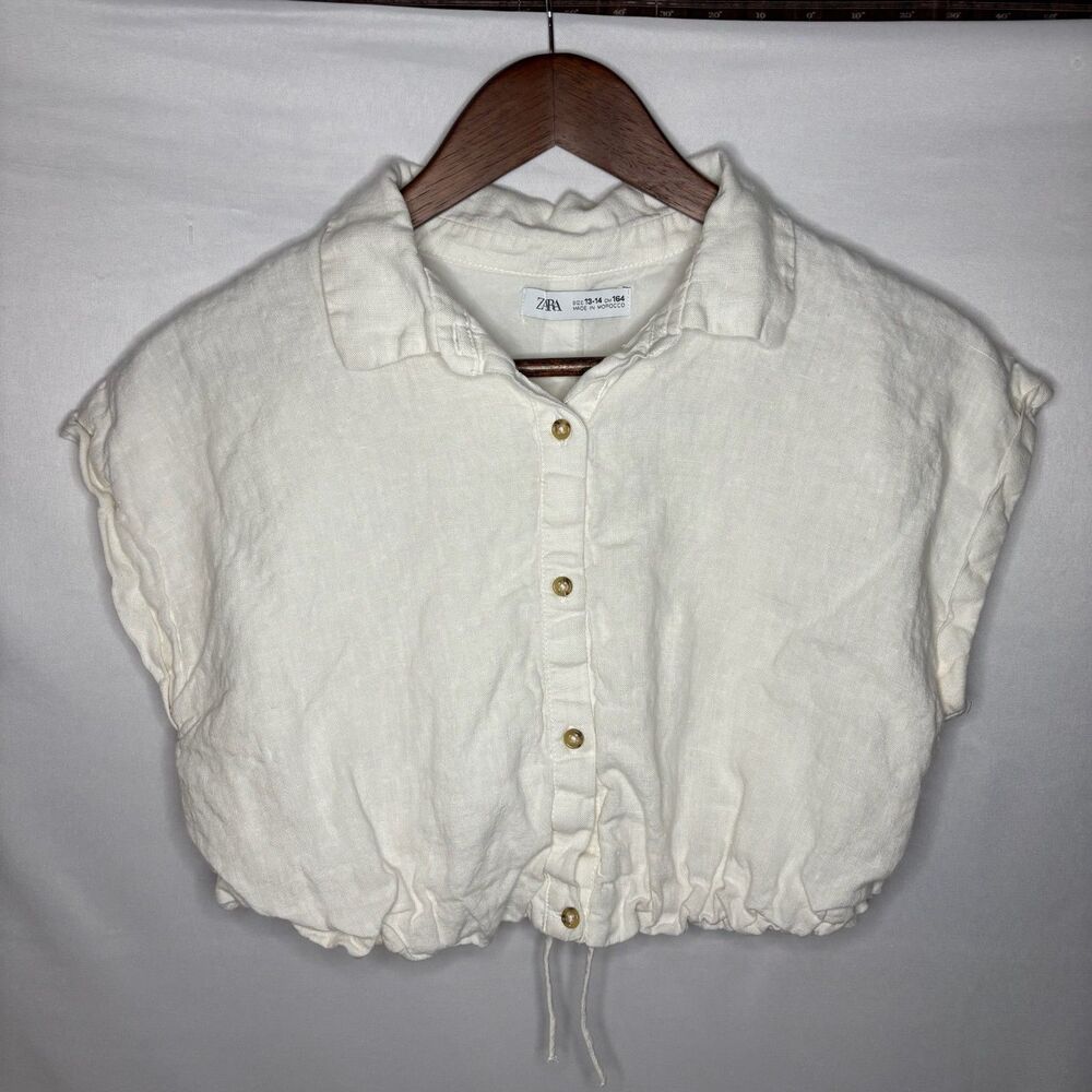 Zara Short Sleeve Girls Blouse Cream Size 13-14 100% Linen